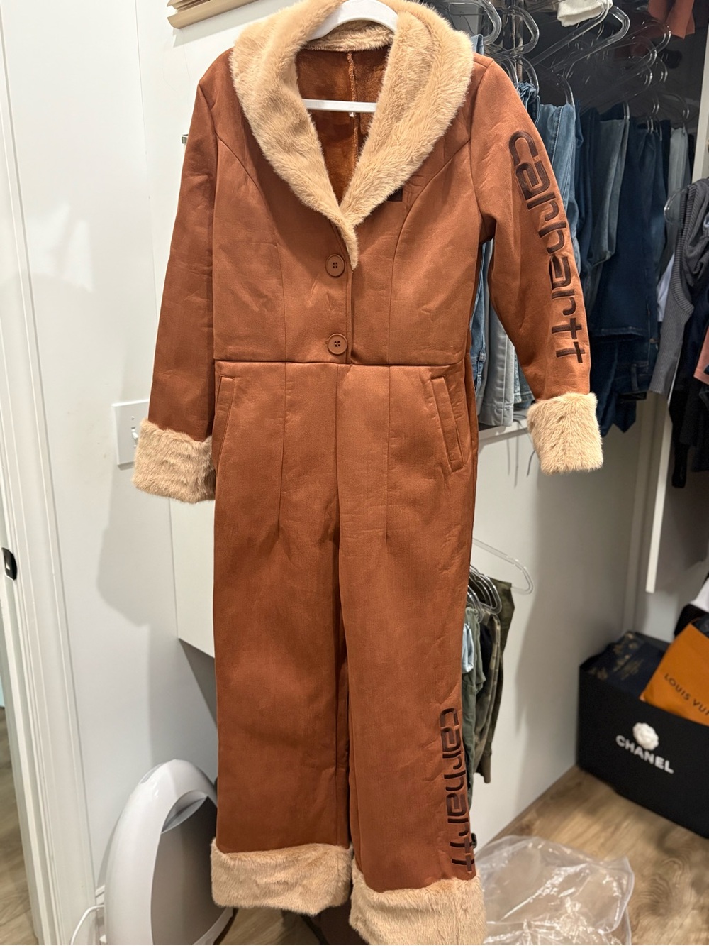 Rust Faux Fur Trim Jumpsuit
